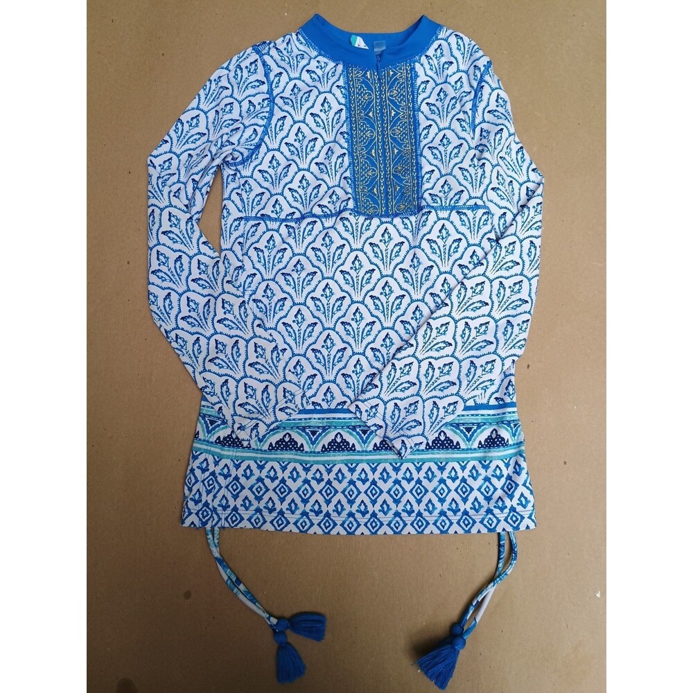 Cabana Life Girls Sz 6x Long Sleeve Rash Guard Top UPF 50+ Boho White & Blue